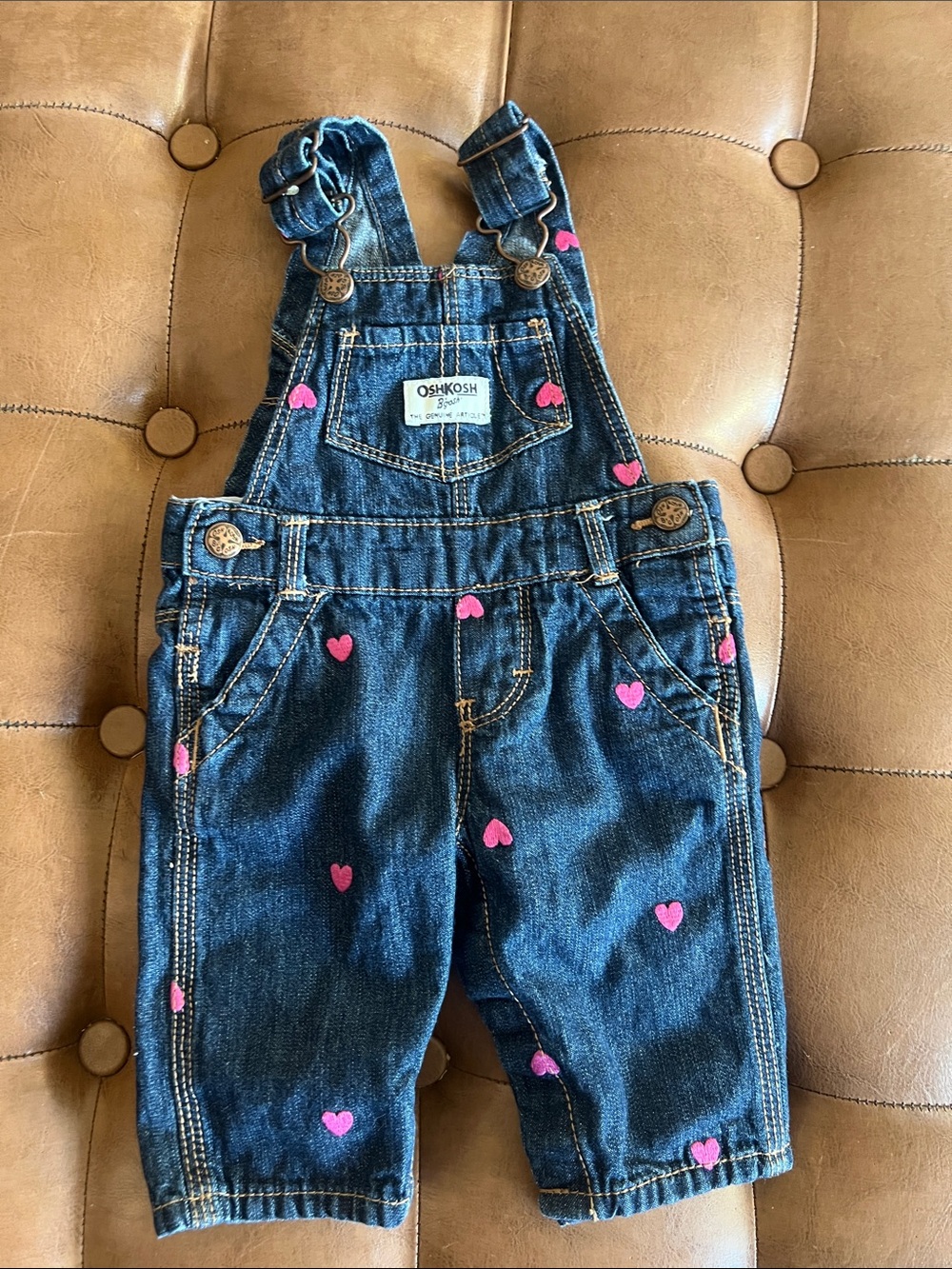 OshKosh B'gosh Dark Blue Denim Overalls with Pink Heart Accents sz 3M